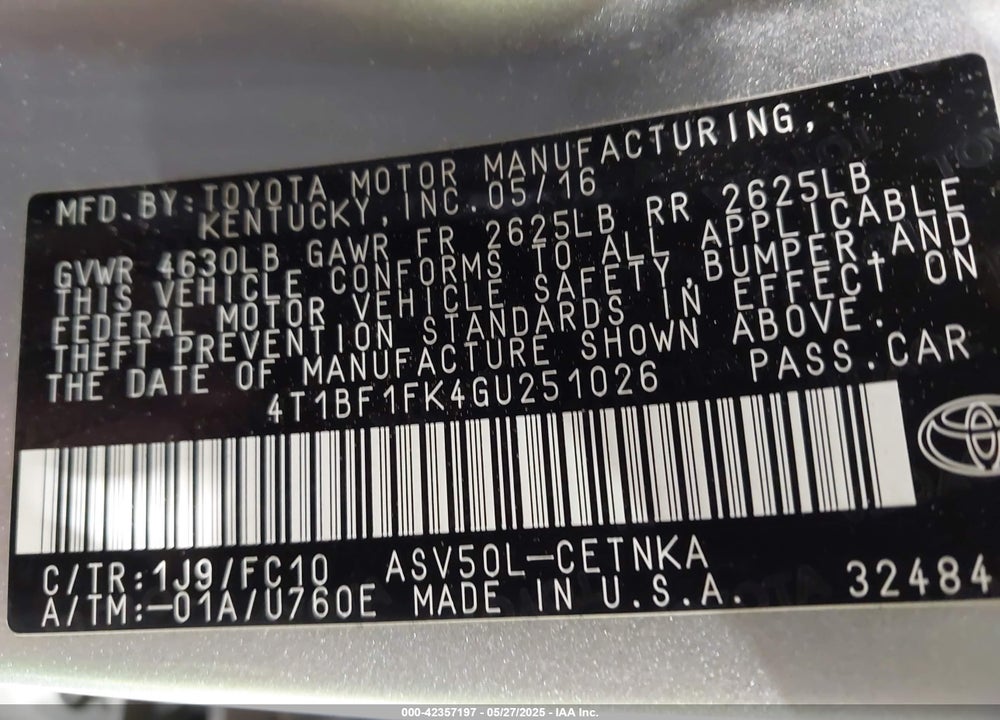 2016 TOYOTA CAMRY VIN: 4T1BF1FK4GU251026
