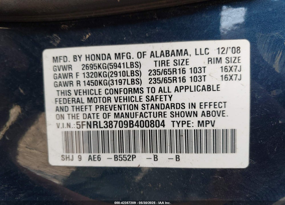 2009 HONDA ODYSSEY VIN: 5FNRL38709B400804