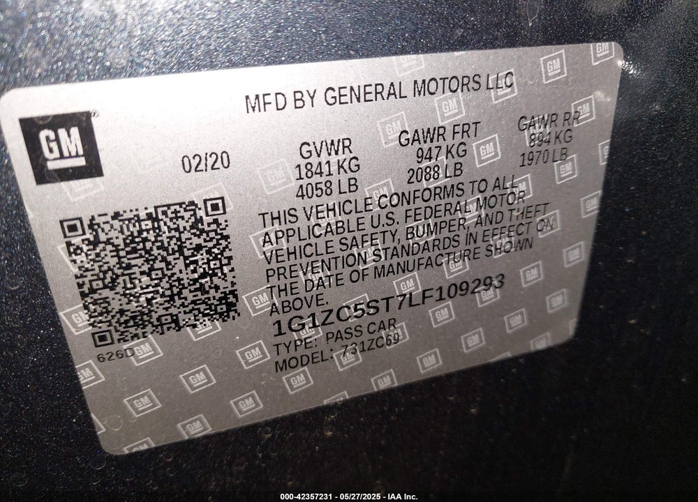 2020 CHEVROLET MALIBU VIN: 1G1ZC5ST7LF109293