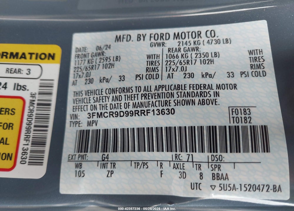 2024 FORD BRONCO SPORT BADLANDS VIN: 3FMCR9D99RRF13630