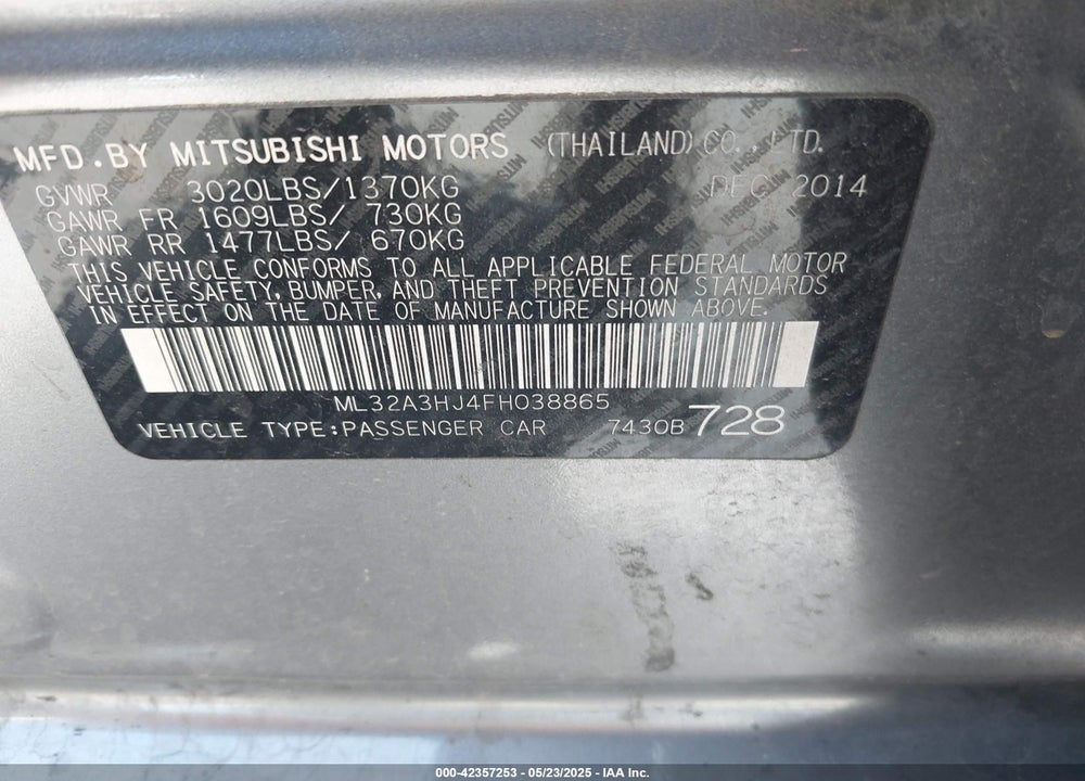 2015 MITSUBISHI MIRAGE VIN: ML32A3HJ4FH038865