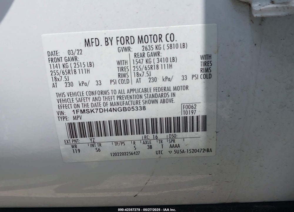 2022 FORD EXPLORER VIN: 1FMSK7DH4NGB05338