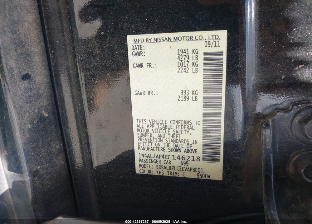 2012 NISSAN ALTIMA VIN: 1N4AL2AP4CC146218