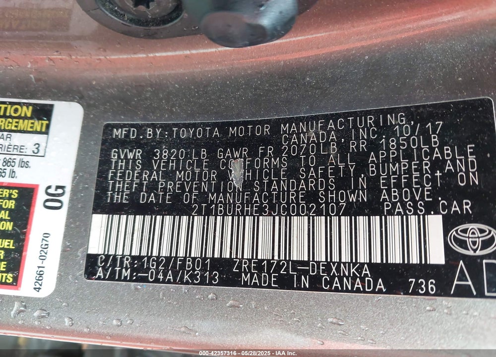 2018 TOYOTA COROLLA VIN: 2T1BURHE3JC002107