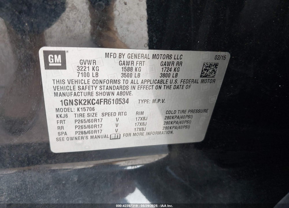 2015 CHEVROLET TAHOE COMMERCIAL FLEET VIN: 1GNSK2KC4FR610534