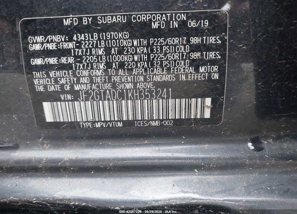 2019 SUBARU CROSSTREK VIN: JF2GTADC1KH353241