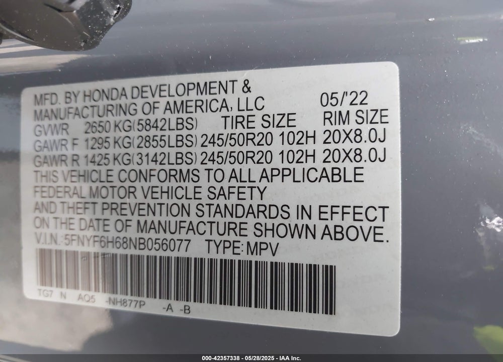 2022 HONDA PILOT VIN: 5FNYF6H68NB056077