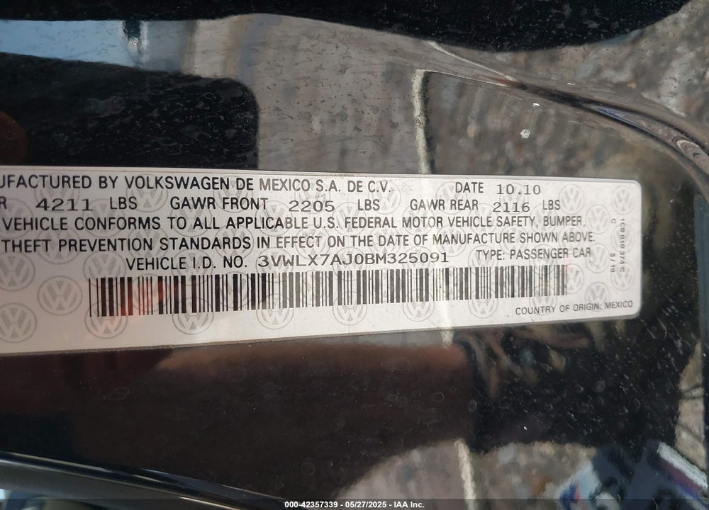 2011 VOLKSWAGEN JETTA VIN: 3VWLX7AJ0BM325091
