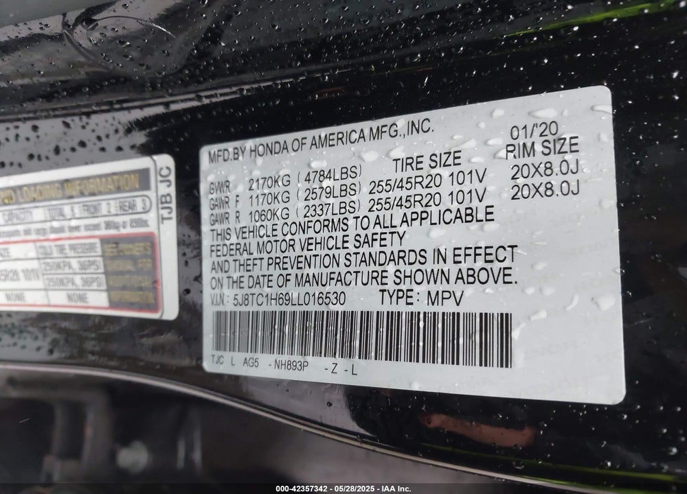 2020 ACURA RDX VIN: 5J8TC1H69LL016530