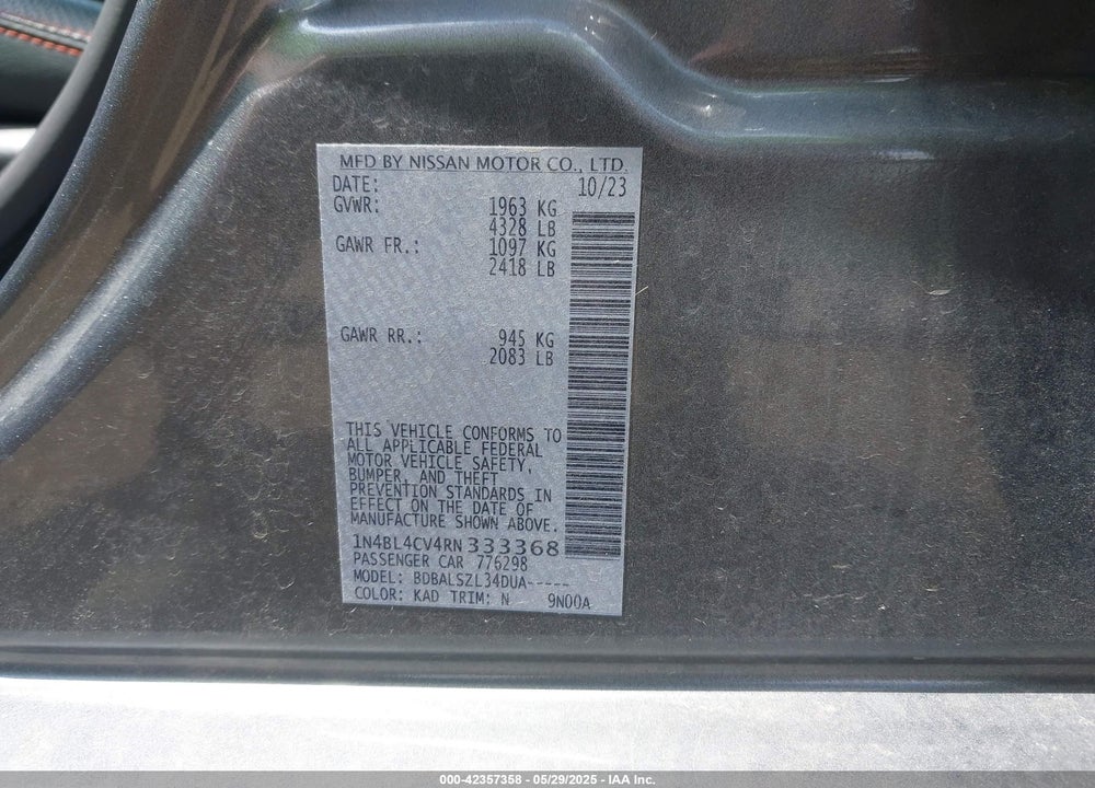2024 NISSAN ALTIMA SR FWD VIN: 1N4BL4CV4RN333368
