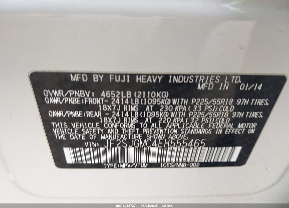 2014 SUBARU FORESTER VIN: JF2SJGMC4EH555465