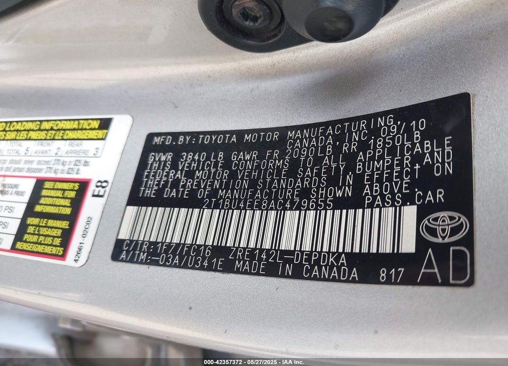 2010 TOYOTA COROLLA VIN: 2T1BU4EE8AC479655