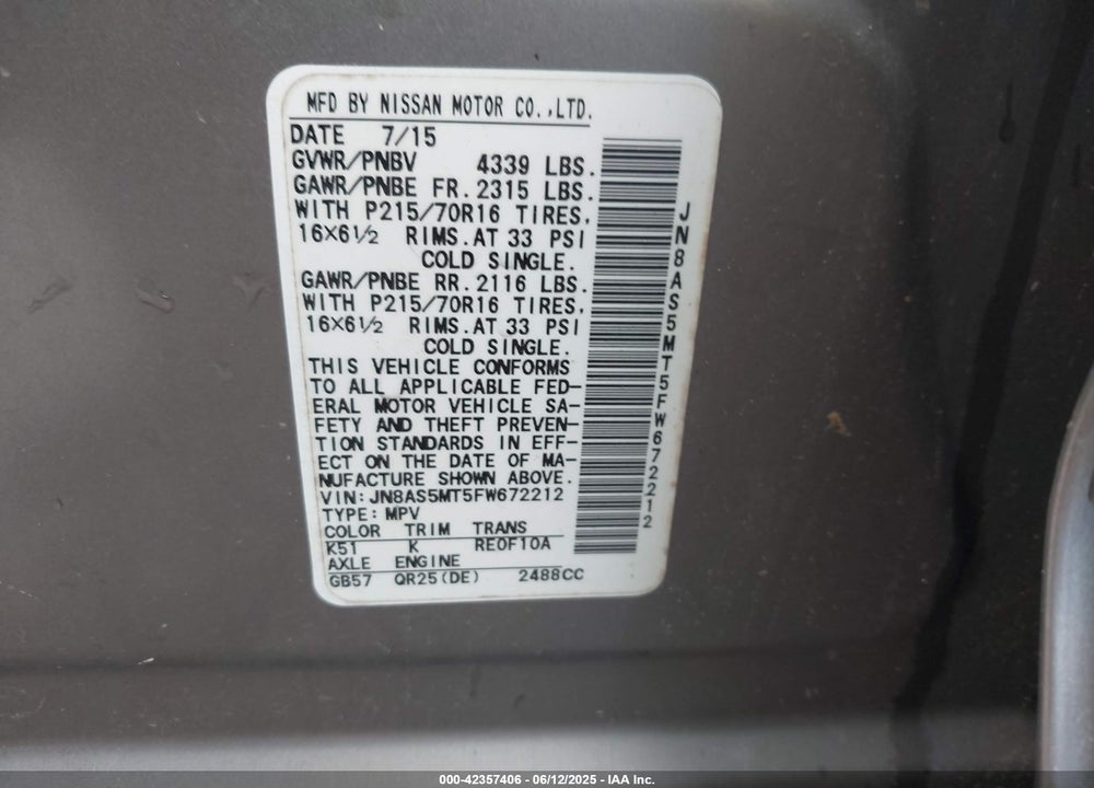 2015 NISSAN ROGUE SELECT S VIN: JN8AS5MT5FW672212