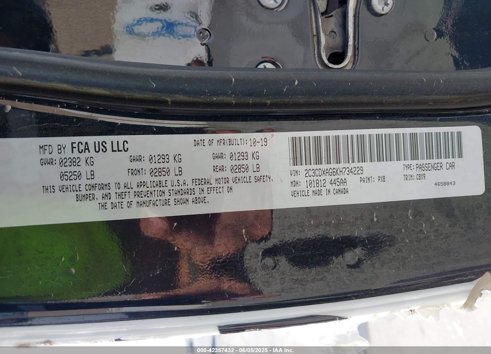 2019 DODGE CHARGER VIN: 2C3CDXAG6KH734229