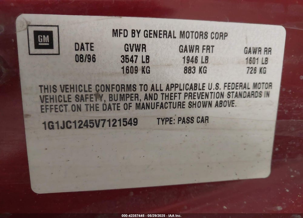 1997 CHEVROLET CAVALIER VIN: 1G1JC1245V7121549