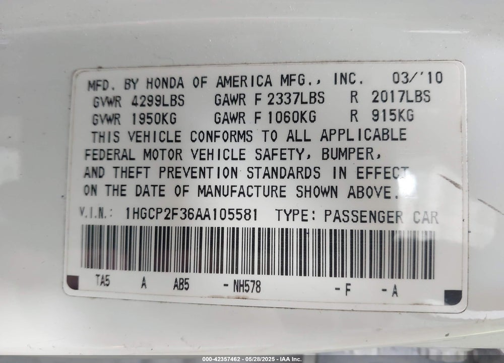 2010 HONDA ACCORD 2.4 LX VIN: 1HGCP2F36AA105581