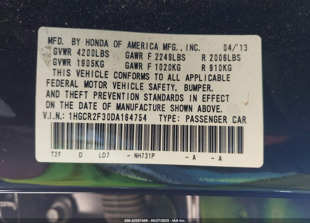 2013 HONDA ACCORD LX VIN: 1HGCR2F30DA164754