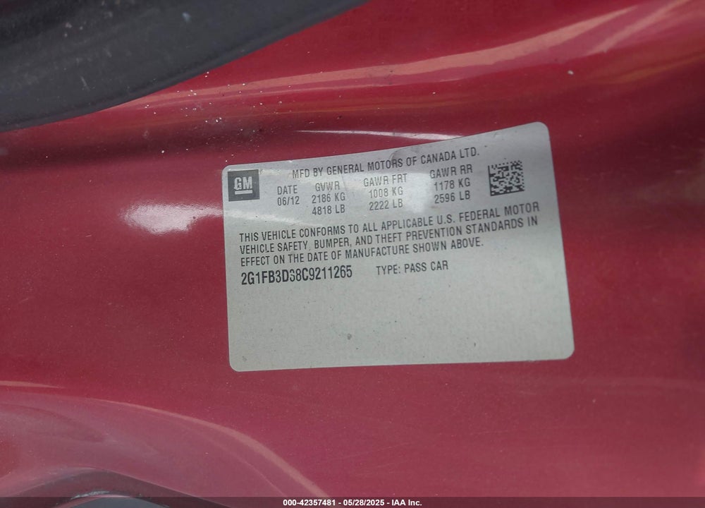 2012 CHEVROLET CAMARO VIN: 2G1FB3D38C9211265