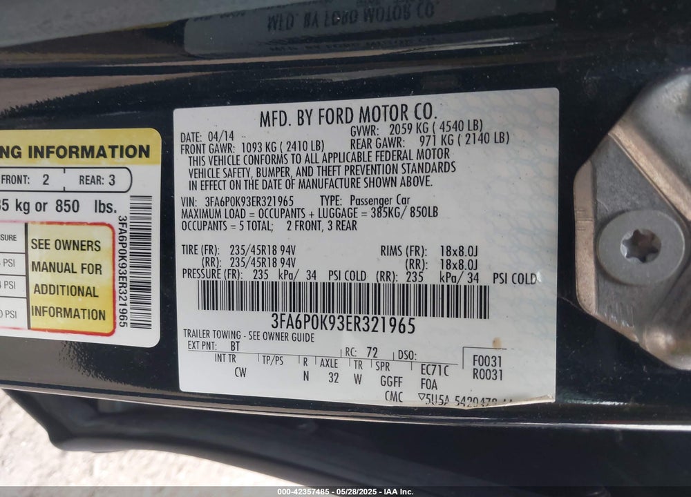 2014 FORD FUSION VIN: 3FA6P0K93ER321965