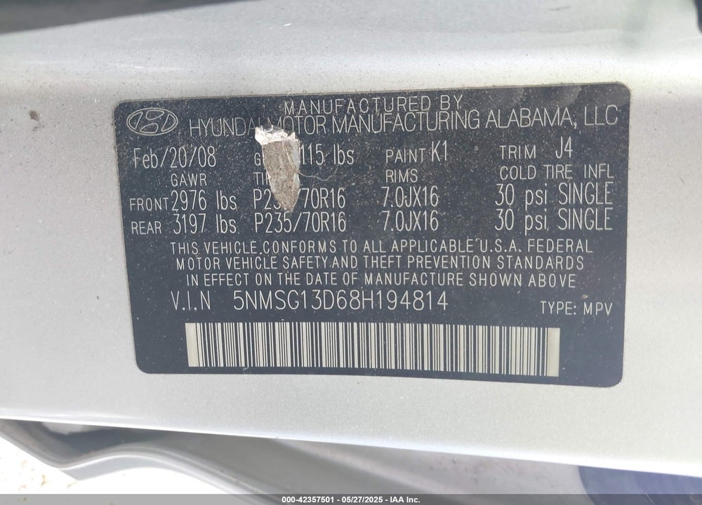 2008 HYUNDAI SANTA FE VIN: 5NMSG13D68H194814