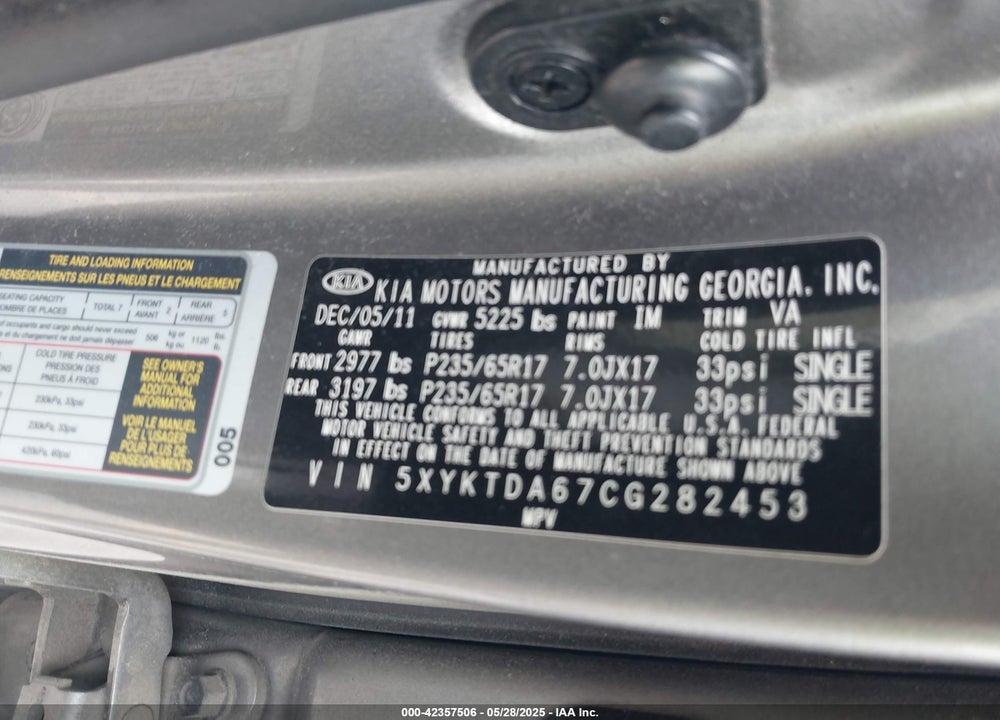 2012 KIA SORENTO VIN: 5XYKTDA67CG282453