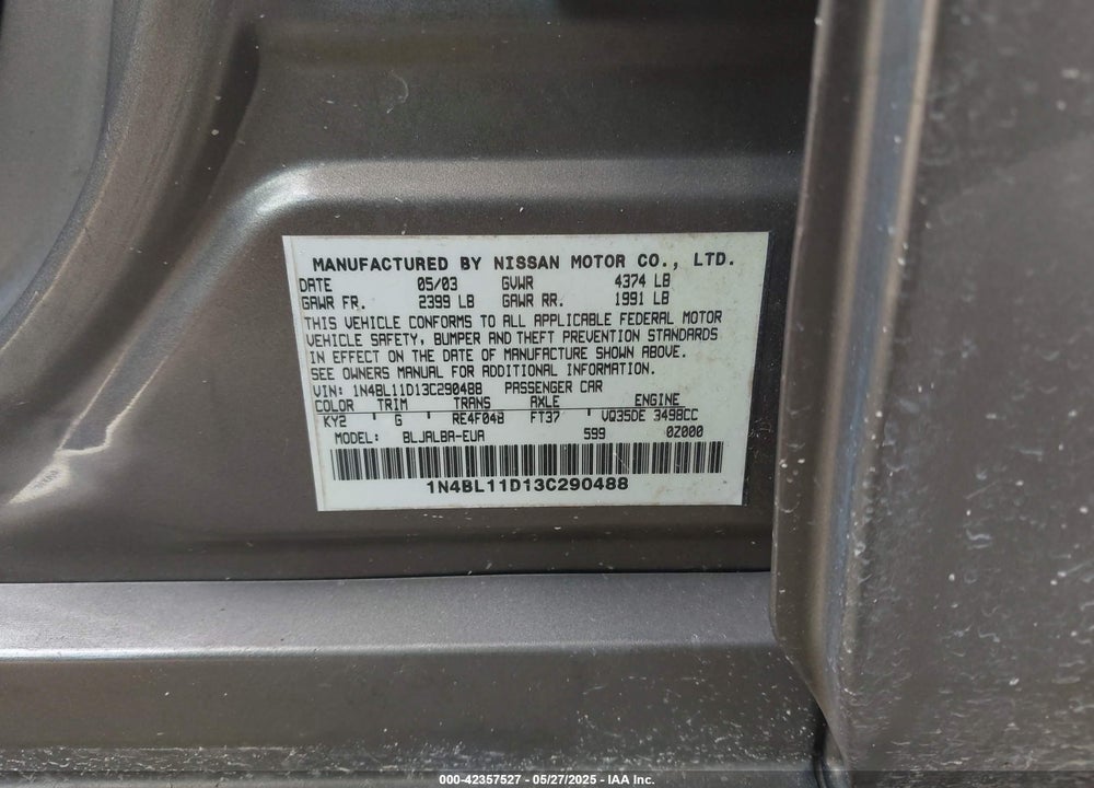 2003 NISSAN ALTIMA 3.5 SE VIN: 1N4BL11D13C290488