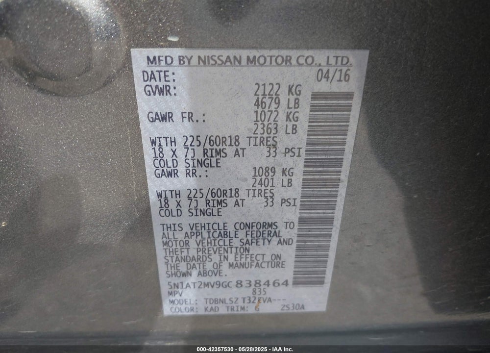 2016 NISSAN ROGUE VIN: 5N1AT2MV9GC838464