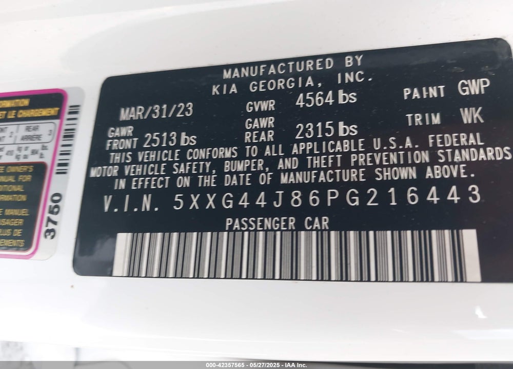 2023 KIA K5 VIN: 5XXG44J86PG216443