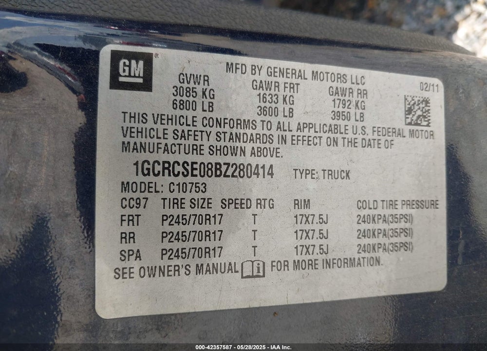 2011 CHEVROLET SILVERADO 1500 LT VIN: 1GCRCSE08BZ280414