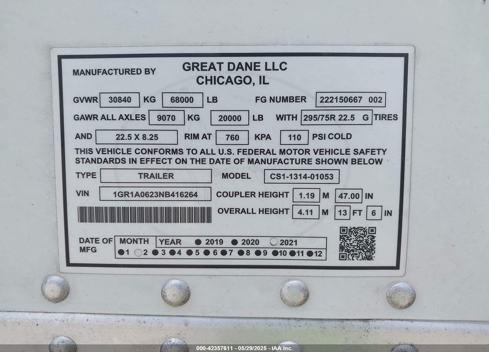 2022 GREAT DANE TRAILERS SEMI TRAILER VIN: 1GR1A0623NB416264