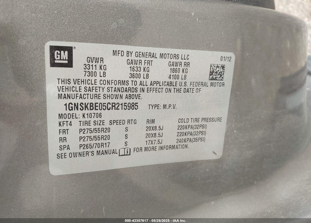 2012 CHEVROLET TAHOE VIN: 1GNSKBE05CR215985