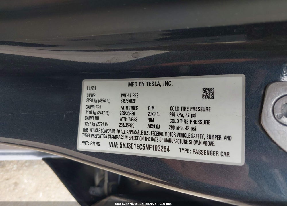 2022 TESLA MODEL 3 VIN: 5YJ3E1EC5NF103284