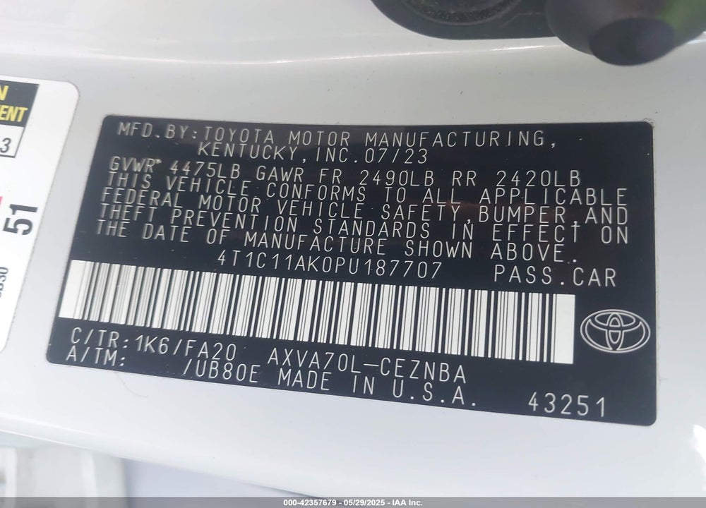 2023 TOYOTA CAMRY LE VIN: 4T1C11AK0PU187707