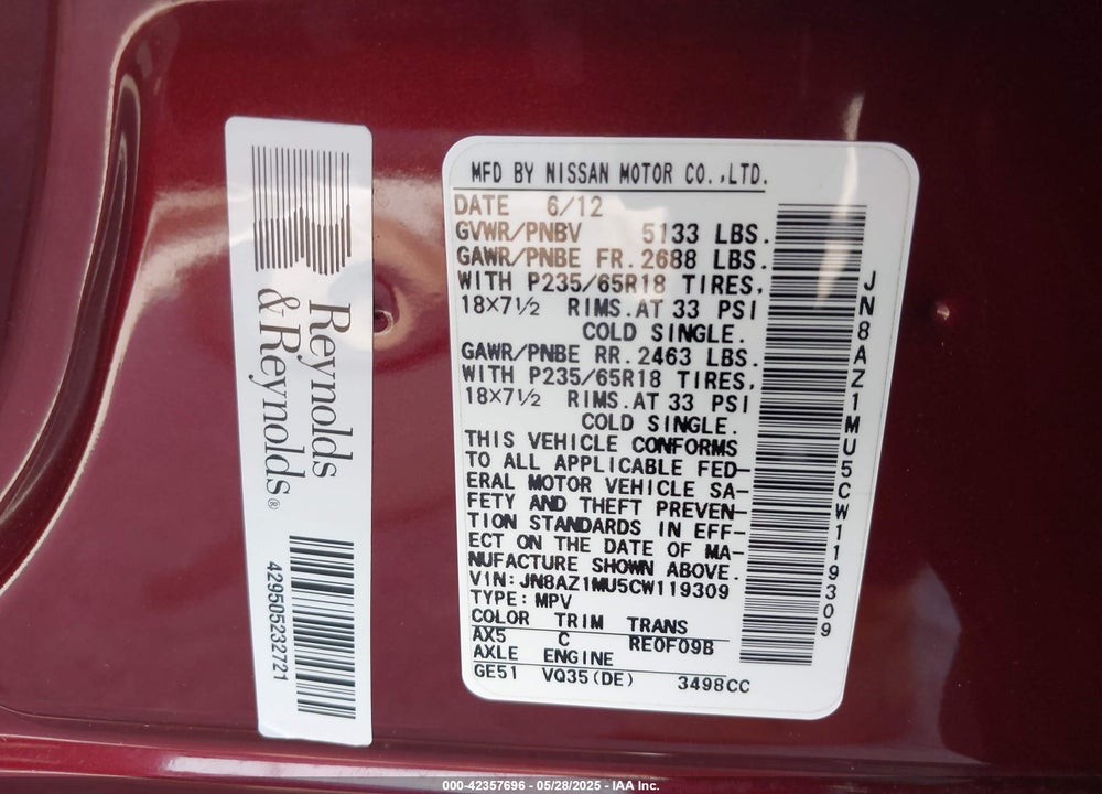 2012 NISSAN MURANO VIN: JN8AZ1MU5CW119309