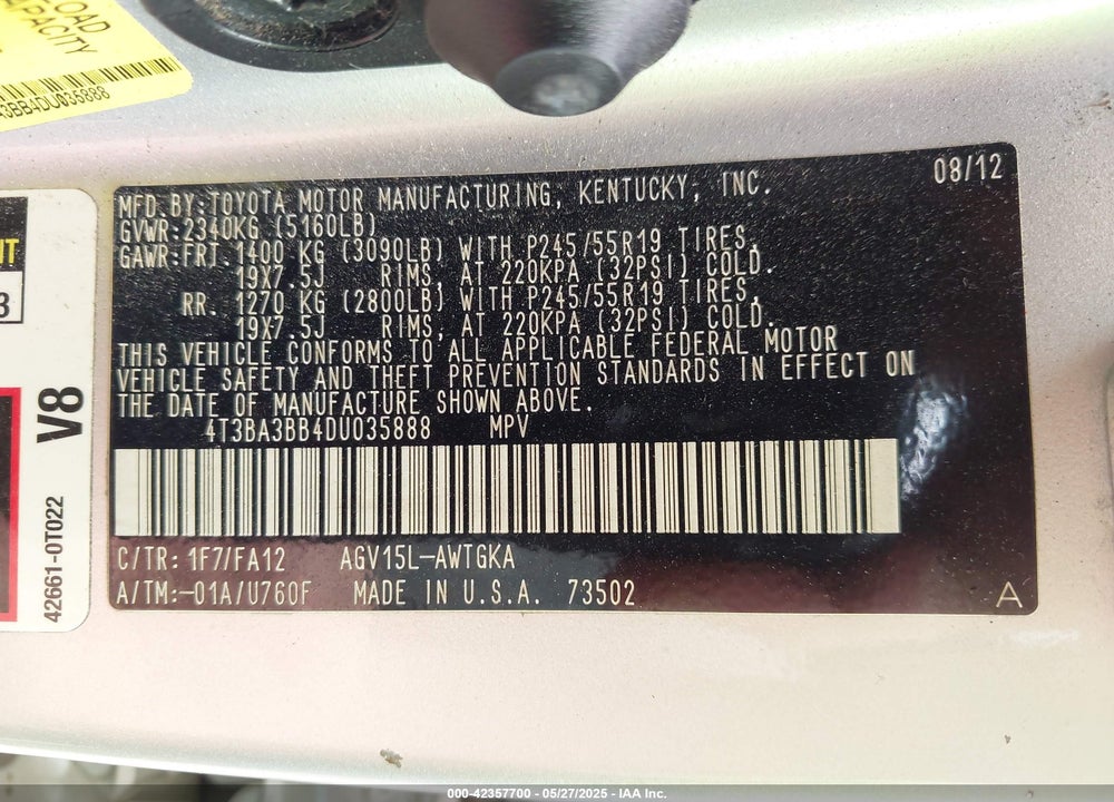2013 TOYOTA VENZA VIN: 4T3BA3BB4DU035888