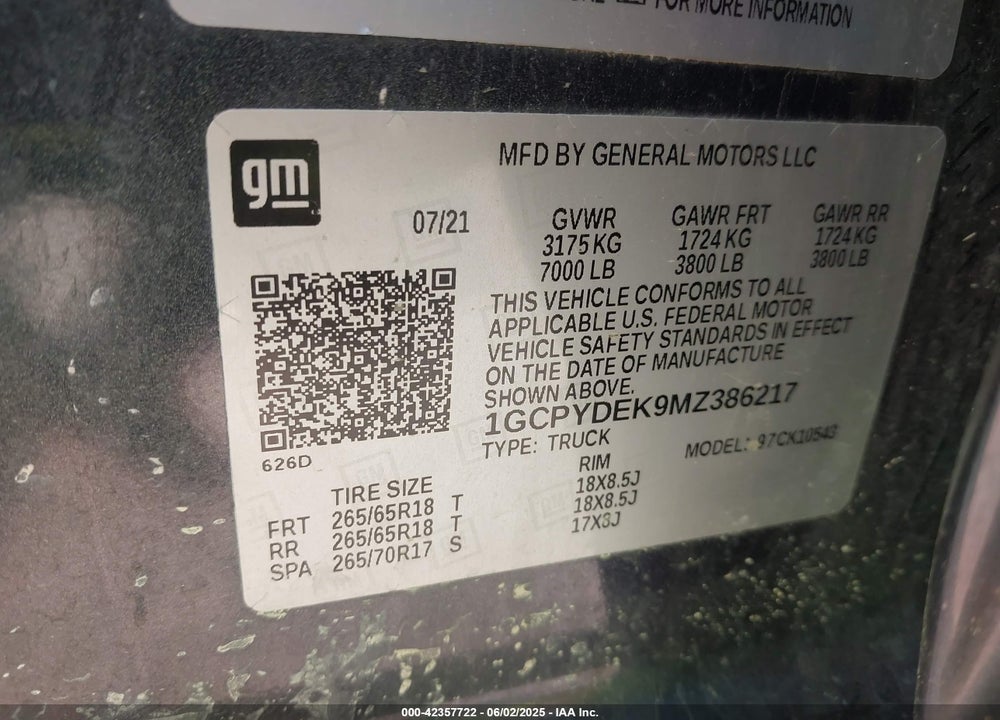 2021 CHEVROLET SILVERADO 1500 VIN: 1GCPYDEK9MZ386217