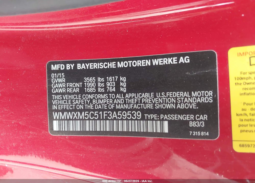 2015 MINI HARDTOP VIN: WMWXM5C51F3A59539