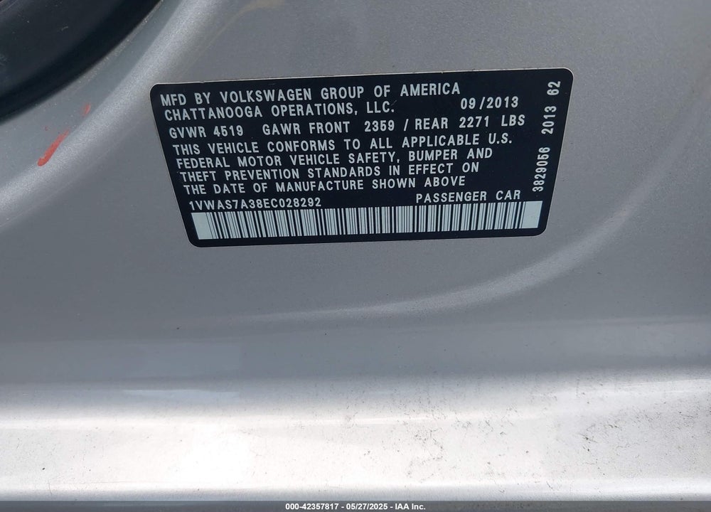 2014 VOLKSWAGEN PASSAT VIN: 1VWAS7A38EC028292