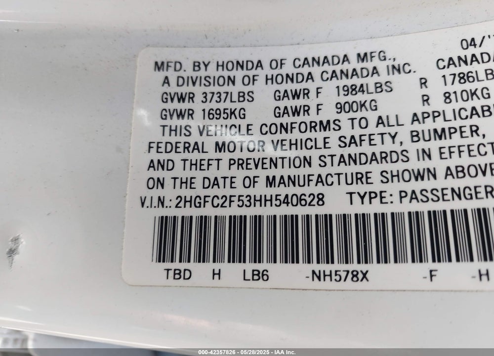 2017 HONDA CIVIC LX VIN: 2HGFC2F53HH540628