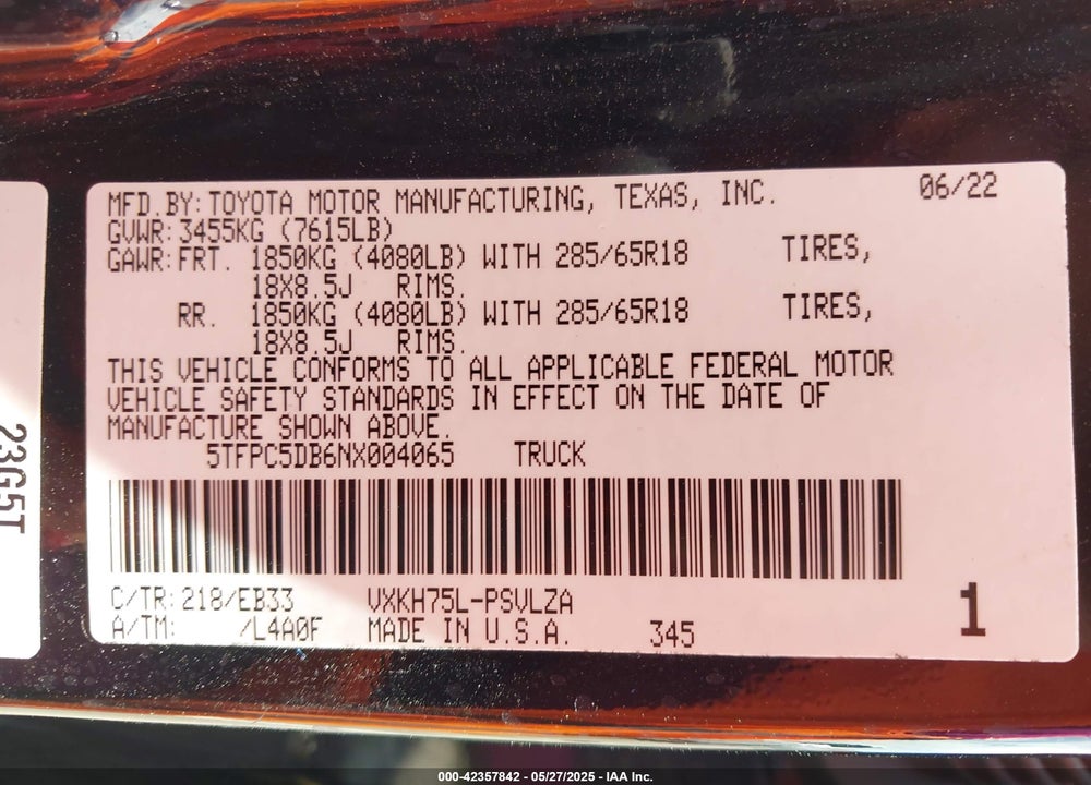 2022 TOYOTA TUNDRA HYBRID VIN: 5TFPC5DB6NX004065