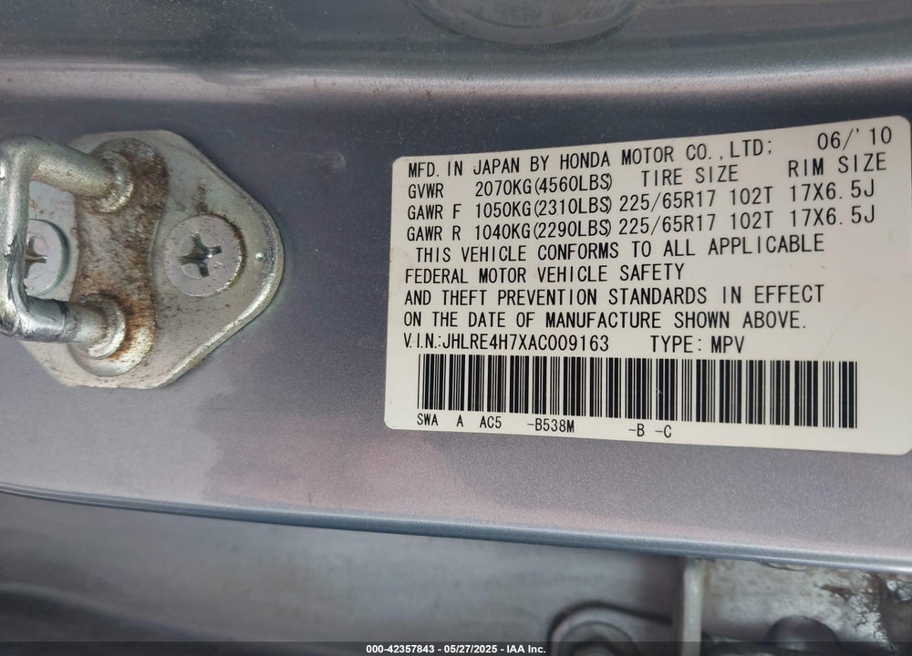 2010 HONDA CR-V VIN: JHLRE4H7XAC009163