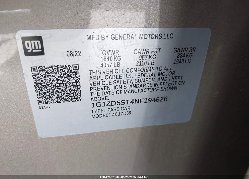 2022 CHEVROLET MALIBU FWD LT VIN: 1G1ZD5ST4NF194626