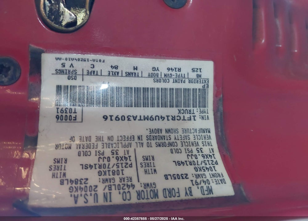 1991 FORD RANGER SUPER CAB VIN: 1FTCR14U9MTA30916