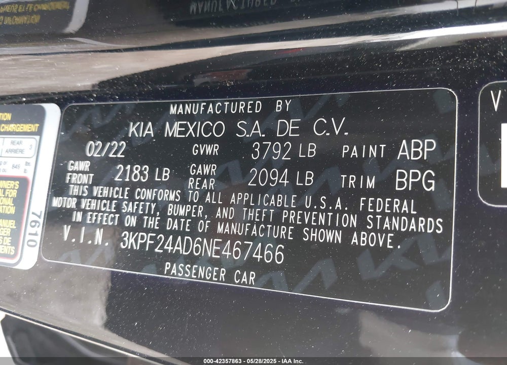 2022 KIA FORTE VIN: 3KPF24AD6NE467466
