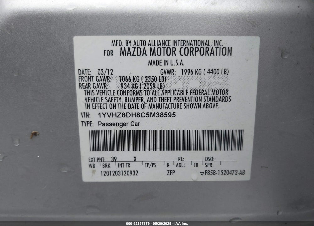 2012 MAZDA 6 VIN: 1YVHZ8DH8C5M38595