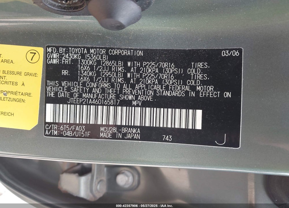 2006 TOYOTA HIGHLANDER VIN: JTEEP21A460165817
