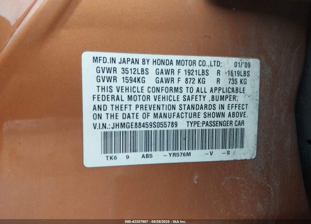 2009 HONDA FIT SPORT VIN: JHMGE88459S055789