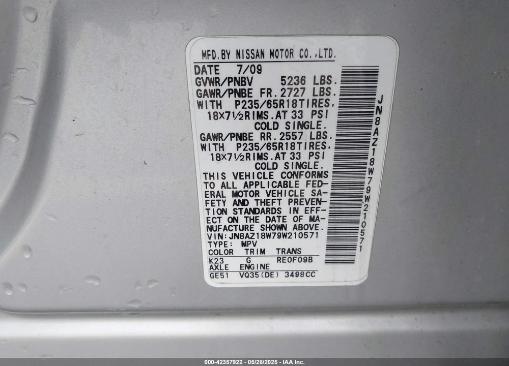 2009 NISSAN MURANO VIN: JN8AZ18W79W210571