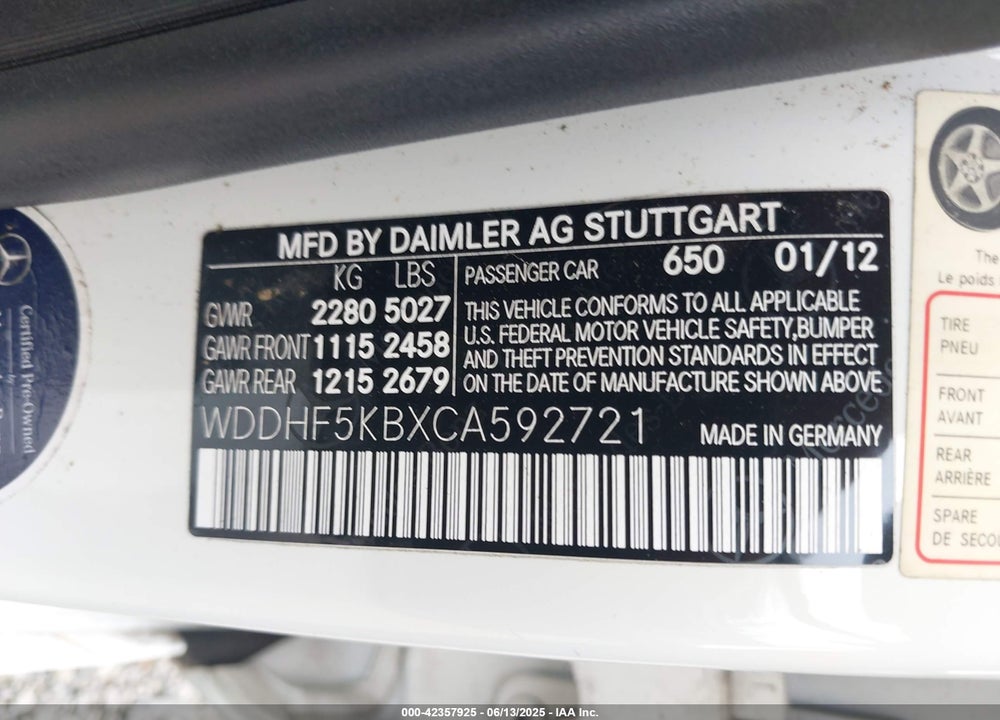 2012 MERCEDES-BENZ E 350 VIN: WDDHF5KBXCA592721