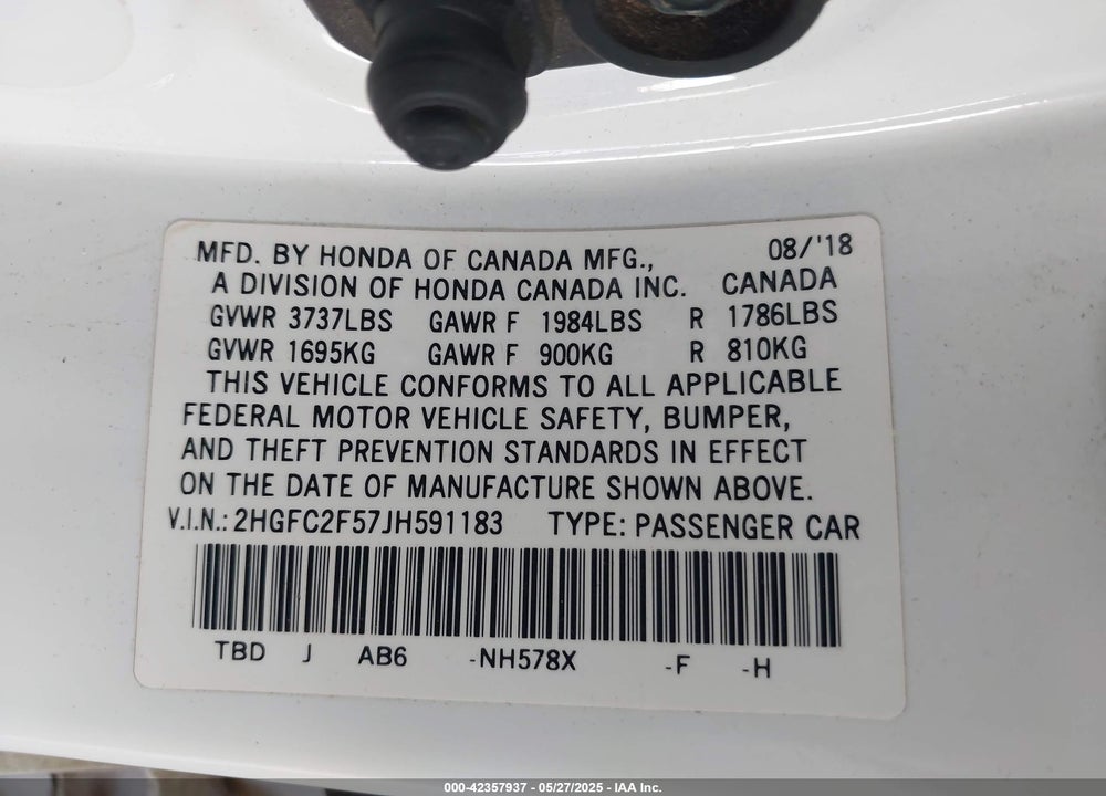 2018 HONDA CIVIC VIN: 2HGFC2F57JH591183